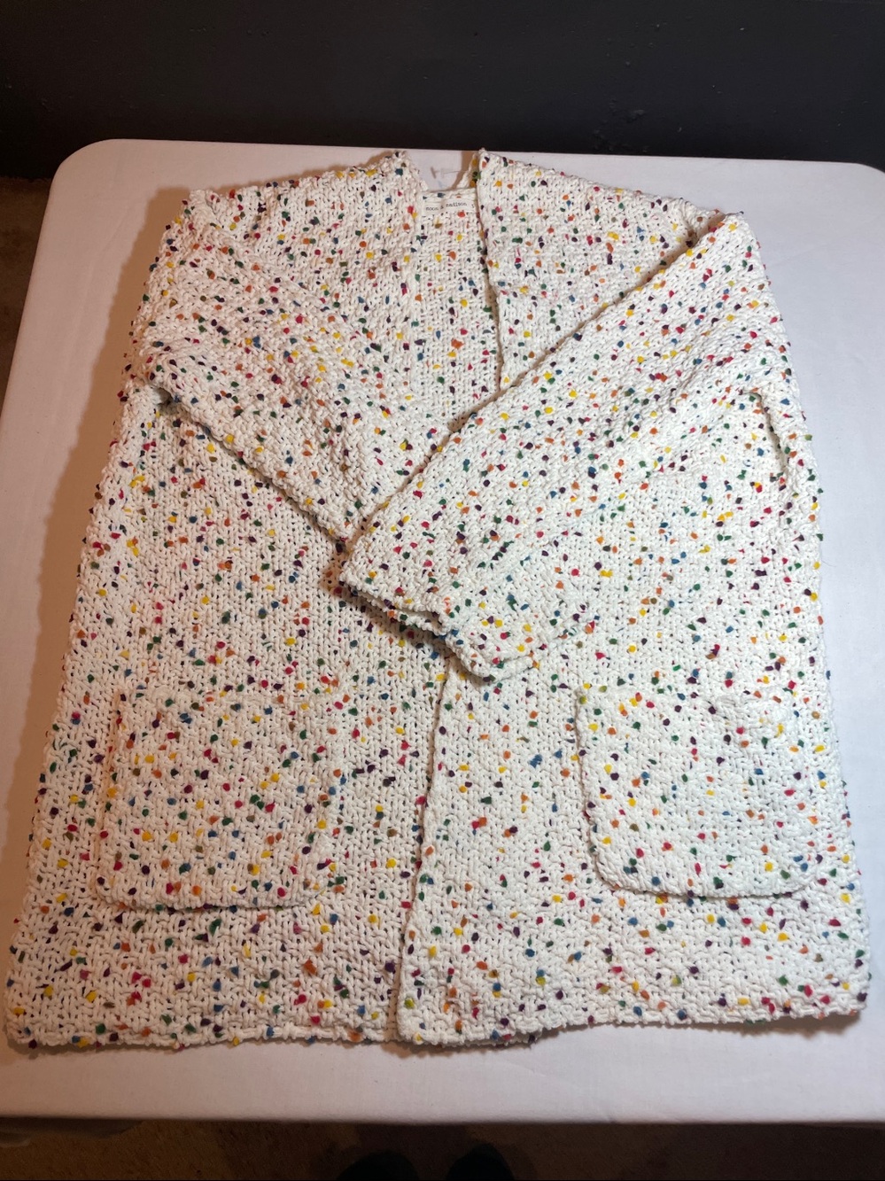 moon & madison White Crochet Cardigan with Multicolor Speckles - Picture 7 of 7